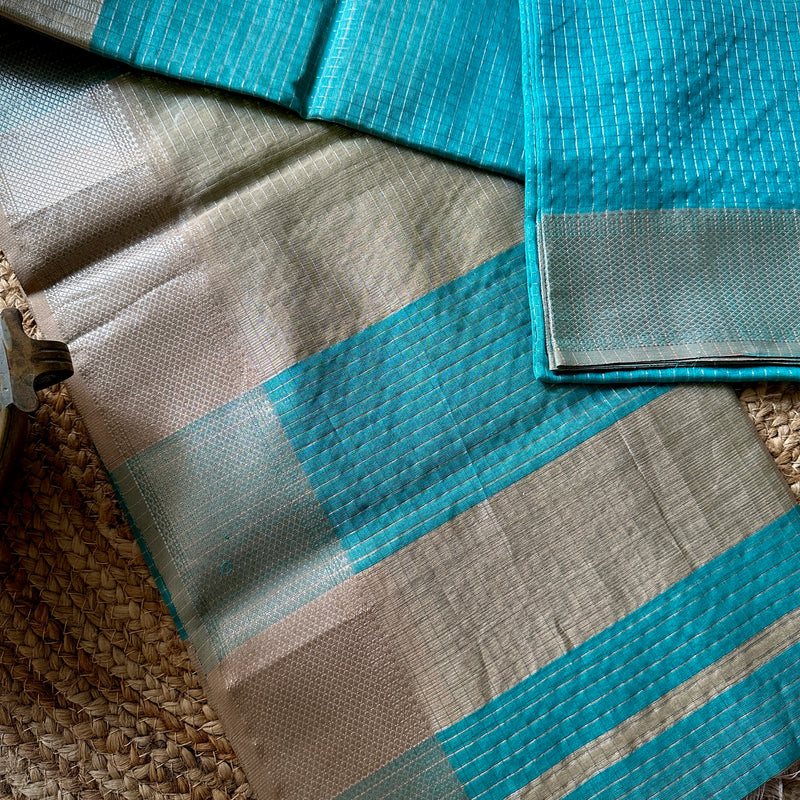 Maheshwari Teal Blue ~ Silver Zari Checkered Silk Saree