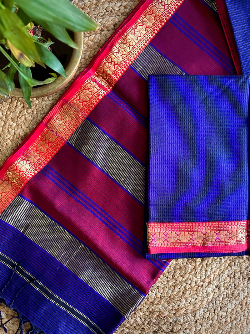 Maheshwari Blue Red Garbha Reshami Silk Saree GS01