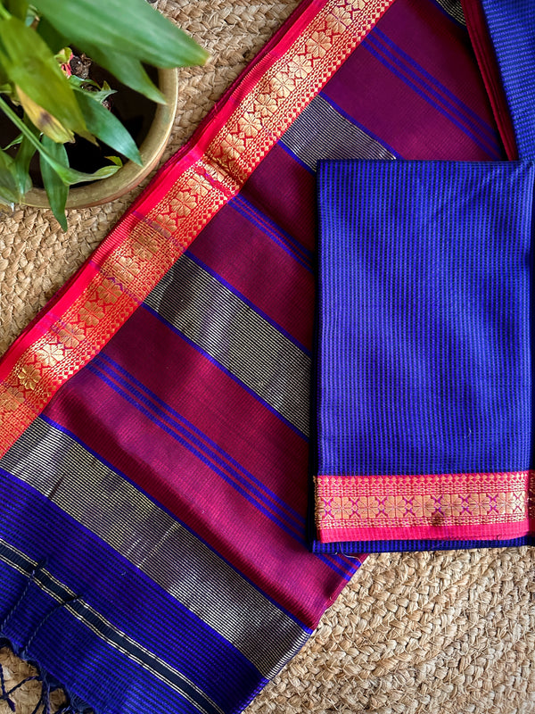 Maheshwari Blue Red Garbha Reshami Silk Saree GS01