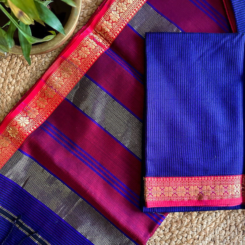 Maheshwari Blue Red Garbha Reshami Silk Saree GS01