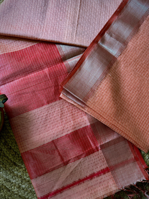 Maheshwari Peach ~ Silver Zari Checkered Silk Saree