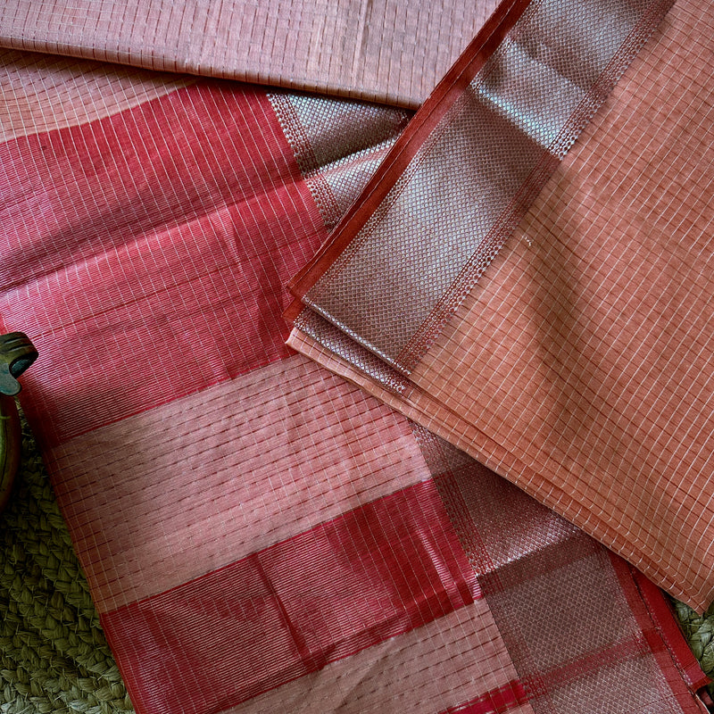 Maheshwari Peach ~ Silver Zari Checkered Silk Saree