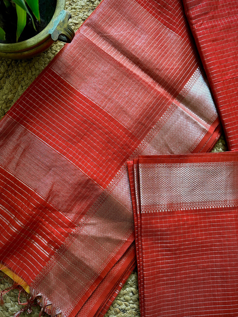 Maheshwari Red ~ Silver Zari Checkered Silk Saree