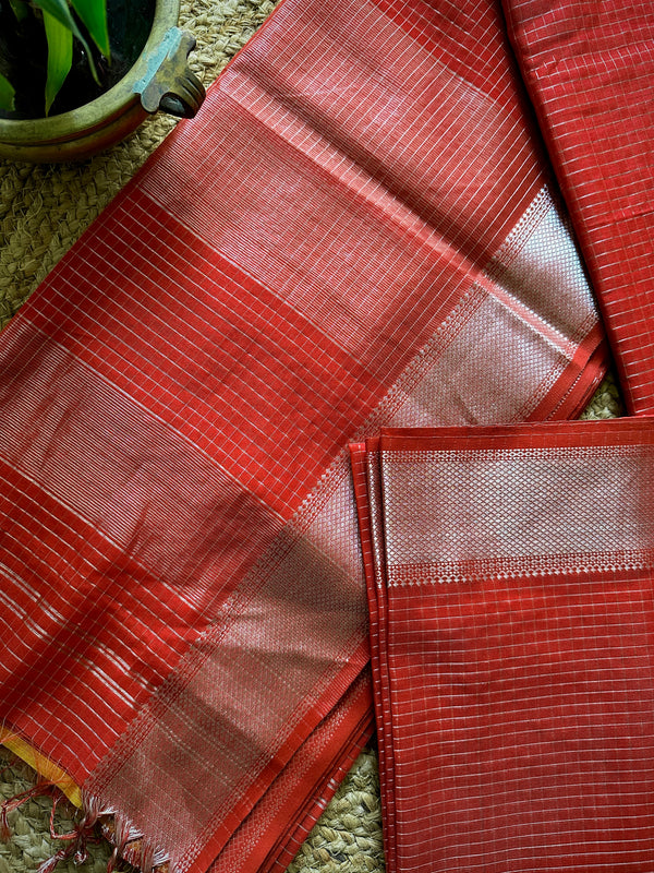 Maheshwari Red ~ Silver Zari Checkered Silk Saree