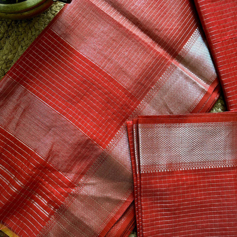 Maheshwari Red ~ Silver Zari Checkered Silk Saree