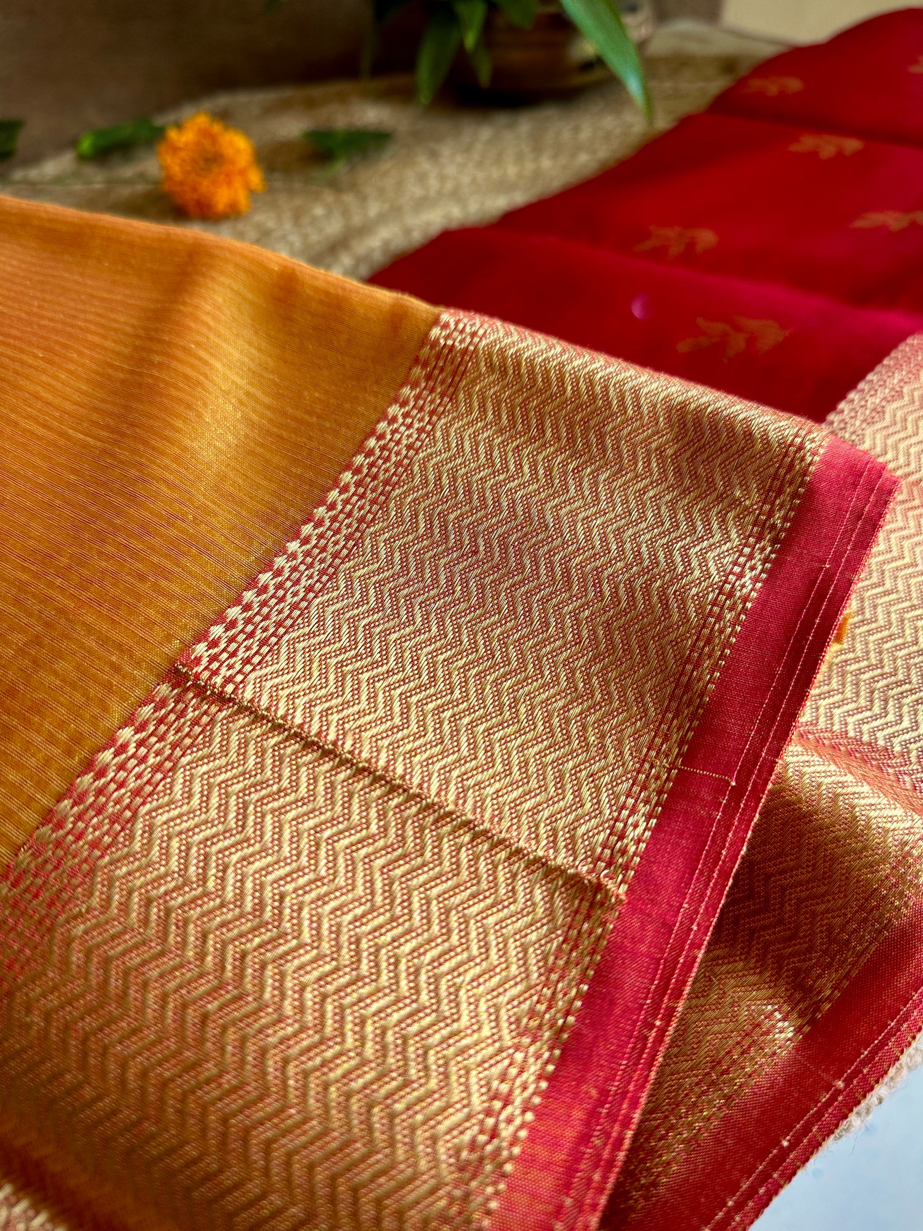 Maheshwari 75 Silk Marigold Yellow Saree