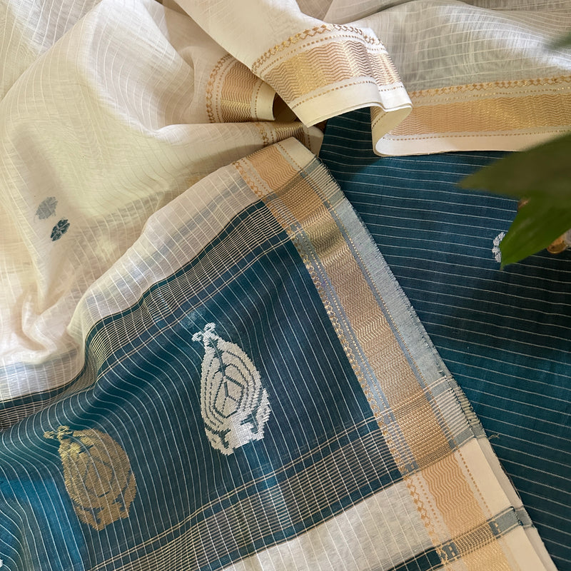 Maheshwari Teal Blue - White Motifs Top Dupatta Sets