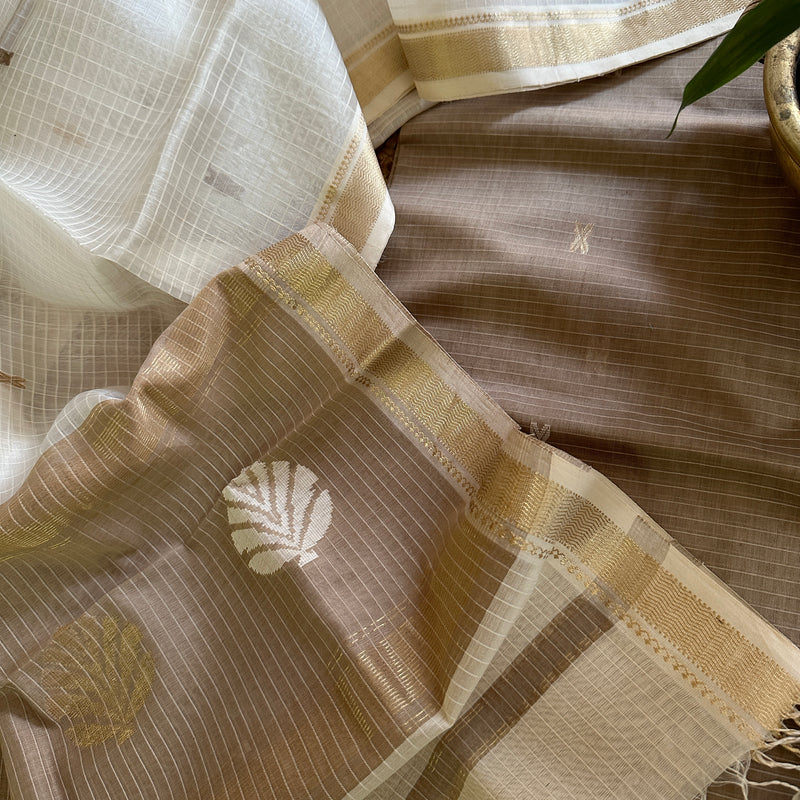Maheshwari Beige - White Katan Motifs Top Dupatta Sets