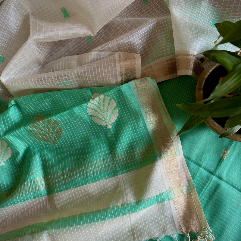 Maheshwari Sea Green-White Katan Motifs Top Dupatta Sets KBS023