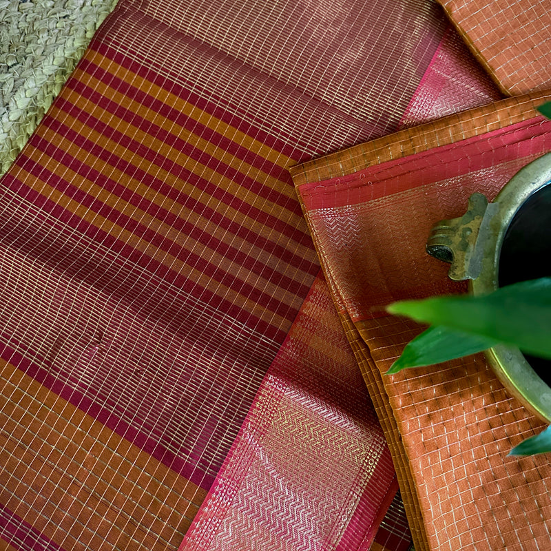 Maheshwari Orange Zari Checkered Sarees