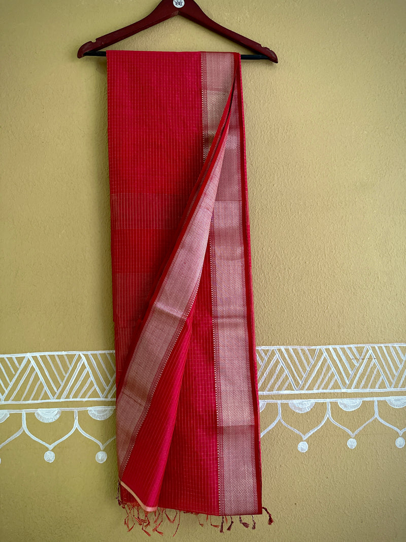 Maheshwari Rani Pink ~ Silver Zari Checkered Silk Saree