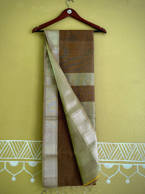 Maheshwari Brown ~ Silver Zari Checkered Silk Saree