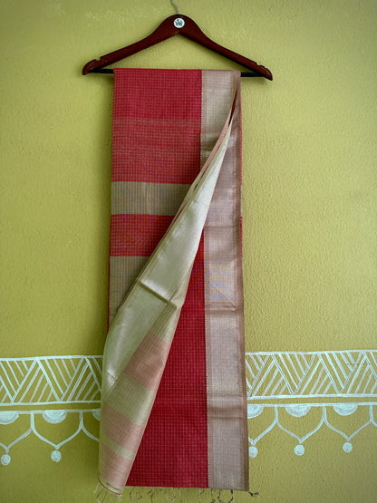 Maheshwari Fuchsia Pink  ~ Silver Zari Checkered Silk Saree