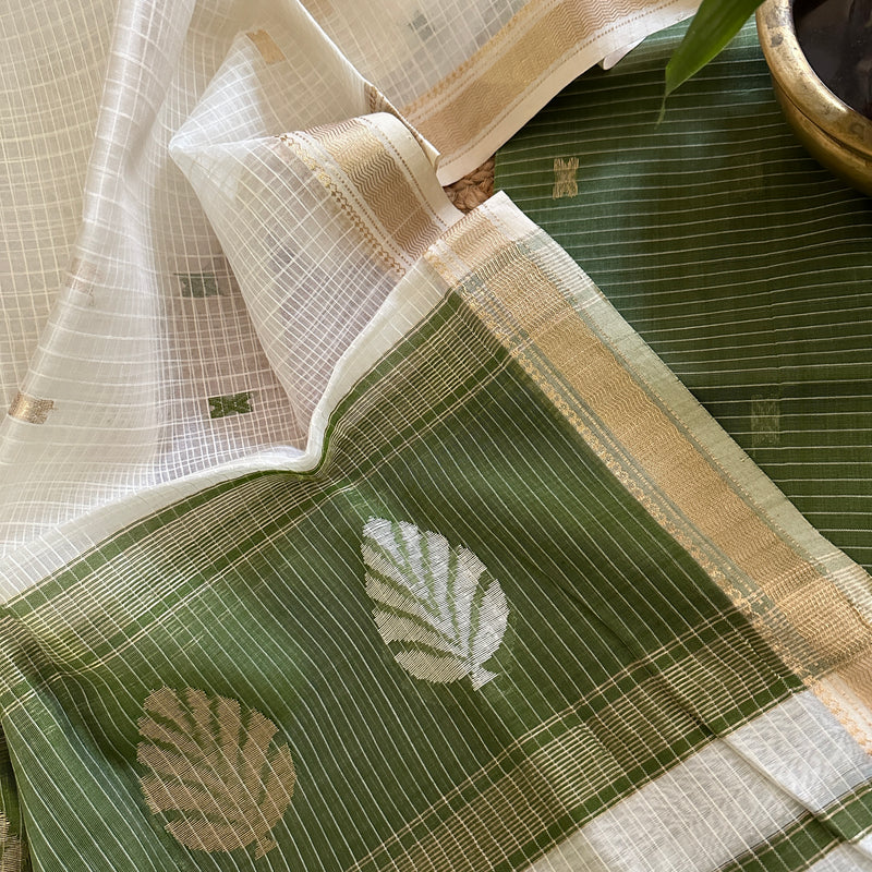 Maheshwari Olive Green - White Katan Motifs Top Dupatta Sets