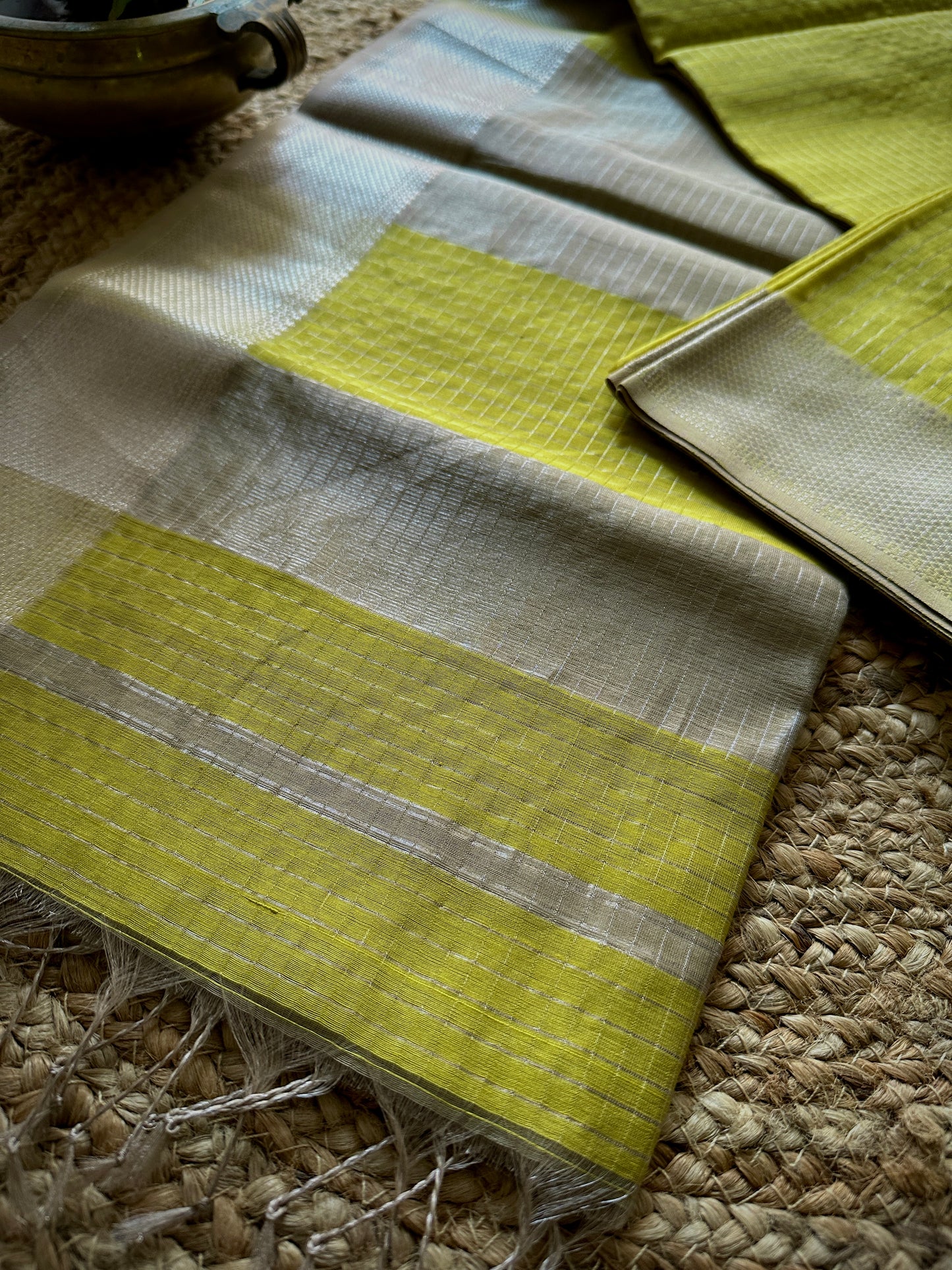 Maheshwari Yellow ~ Silver Zari Checkered Silk Saree