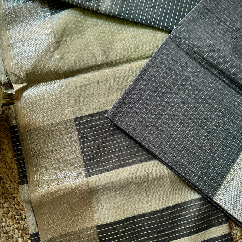 Maheshwari Black ~ Silver Zari Checkered Silk Saree