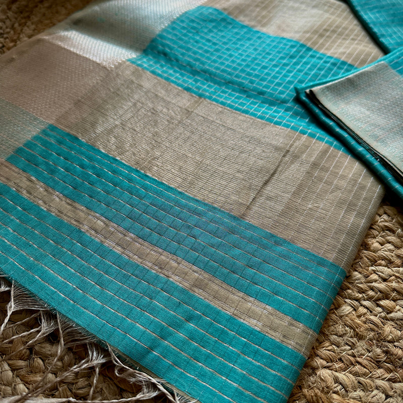 Maheshwari Teal Blue ~ Silver Zari Checkered Silk Saree