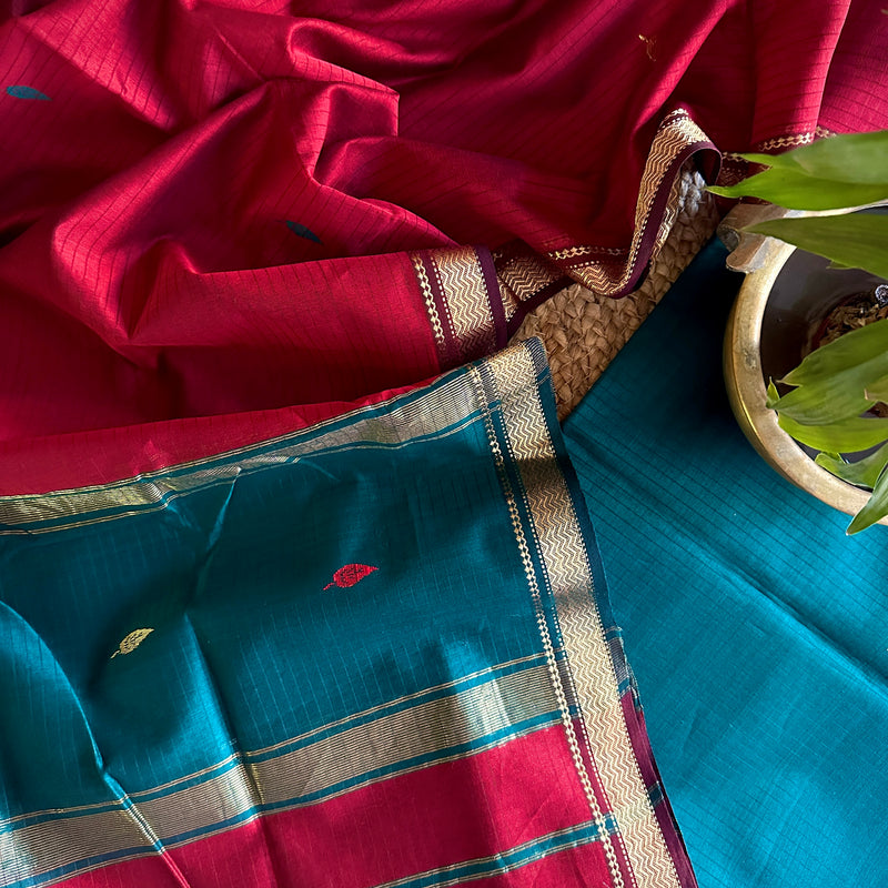 Maheshwari German Blue & Red Motifs Top Dupatta Sets