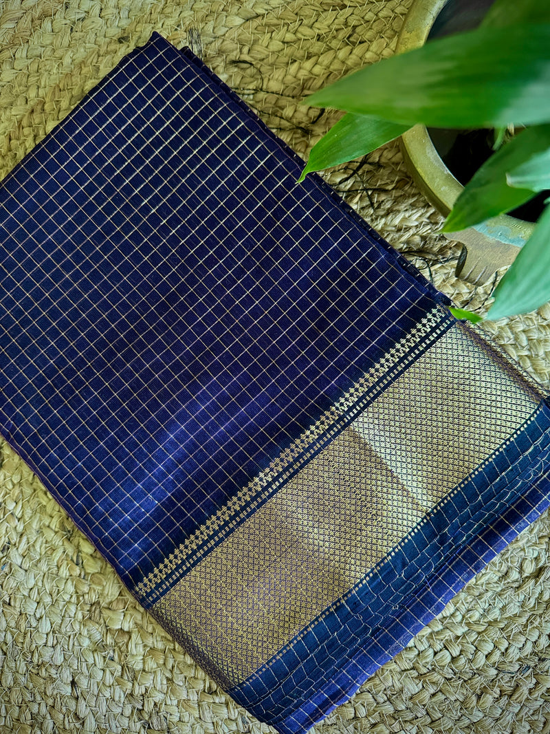 Maheshwari Purple Blue Zari Checkered Sarees
