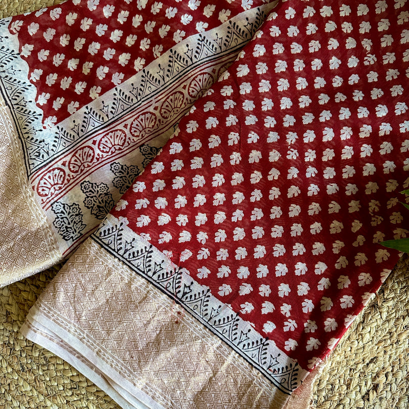 Maheshwari Red - White Bagh Print Saree