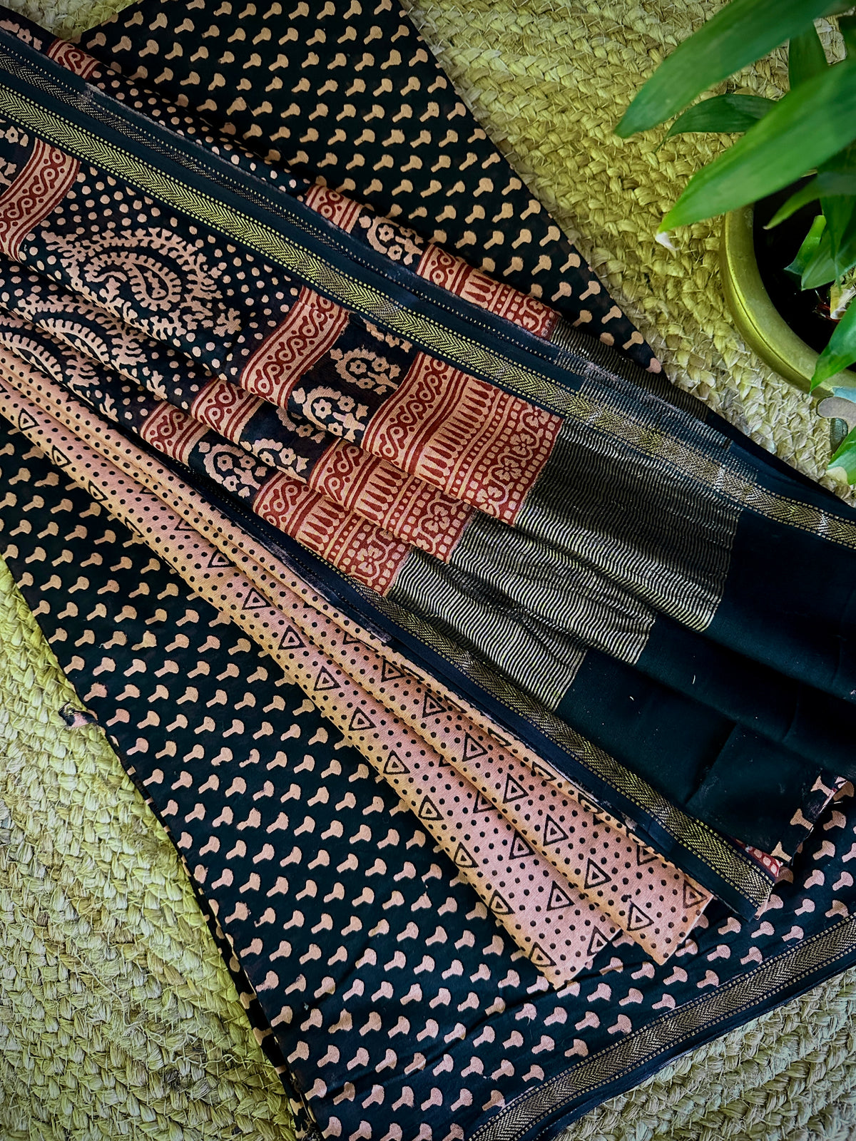 Maheshwari Black Peach Bagh Print Suit