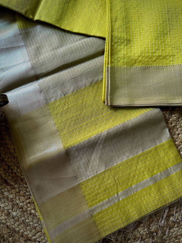 Maheshwari Yellow ~ Silver Zari Checkered Silk Saree
