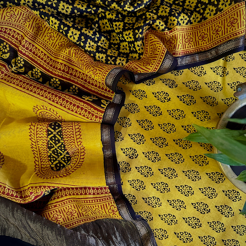 Maheshwari Yellow Black Mustard Bagh Print Suit