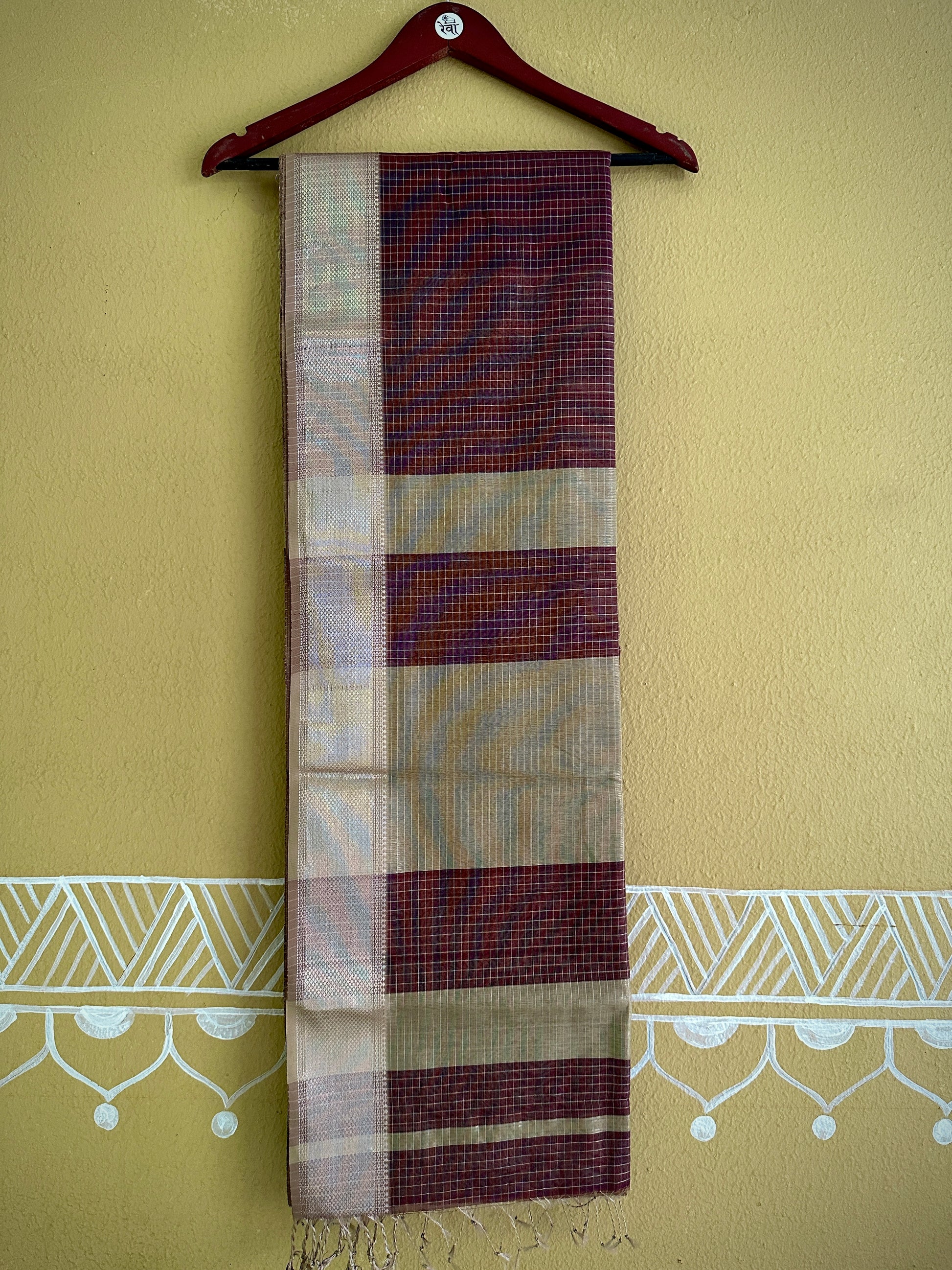 Maheshwari Wine ~ Silver Zari Checkered Silk Saree