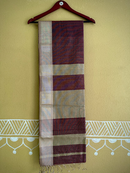 Maheshwari Wine ~ Silver Zari Checkered Silk Saree
