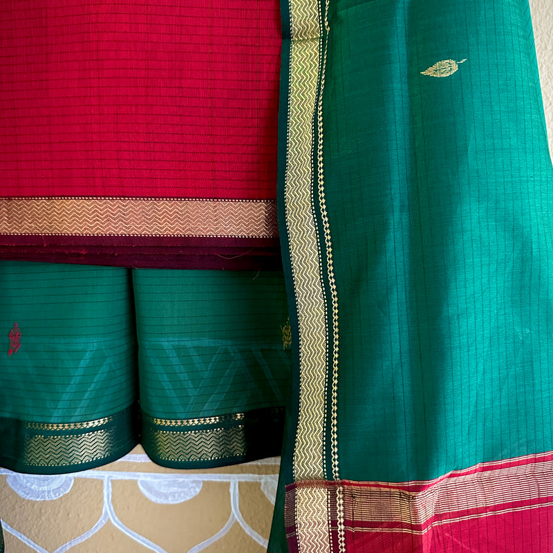 Maheshwari Rama Green - Maroon Motifs Top Dupatta Sets