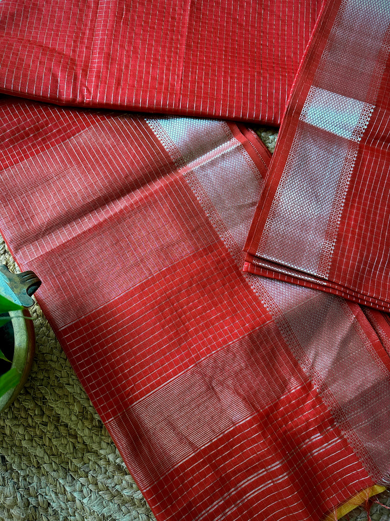 Maheshwari Red ~ Silver Zari Checkered Silk Saree