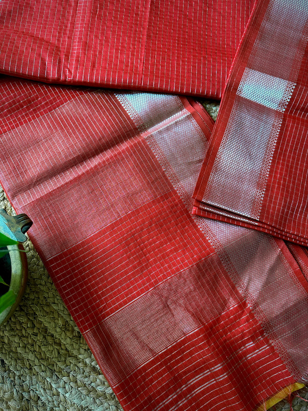 Maheshwari Red ~ Silver Zari Checkered Silk Saree