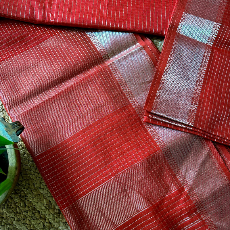 Maheshwari Red ~ Silver Zari Checkered Silk Saree