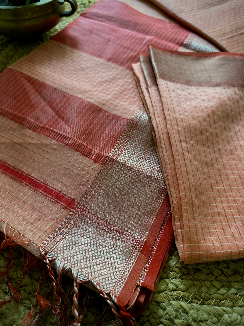 Maheshwari Peach ~ Silver Zari Checkered Silk Saree