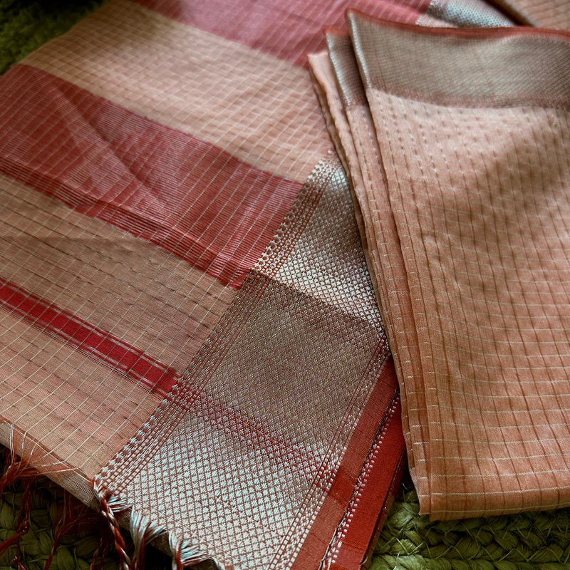 Maheshwari Peach ~ Silver Zari Checkered Silk Saree