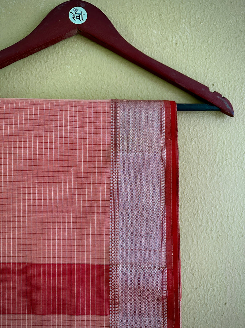 Maheshwari Peach ~ Silver Zari Checkered Silk Saree