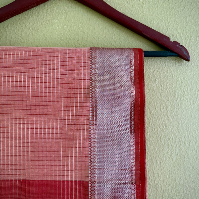 Maheshwari Peach ~ Silver Zari Checkered Silk Saree