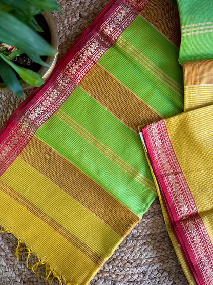 Maheshwari Yellow Green Garbha Reshami Silk Sarees