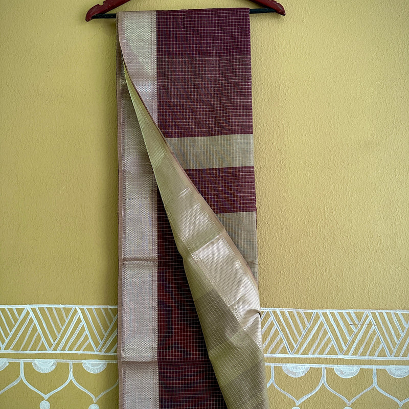 Maheshwari Wine ~ Silver Zari Checkered Silk Saree