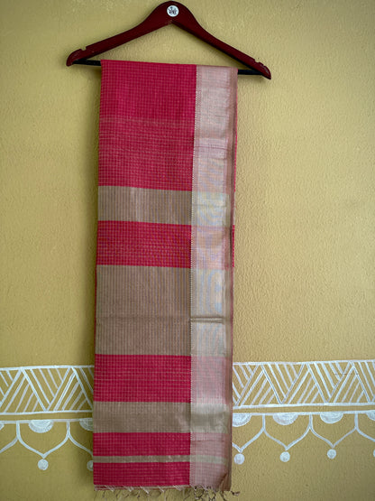 Maheshwari Fuchsia Pink  ~ Silver Zari Checkered Silk Saree