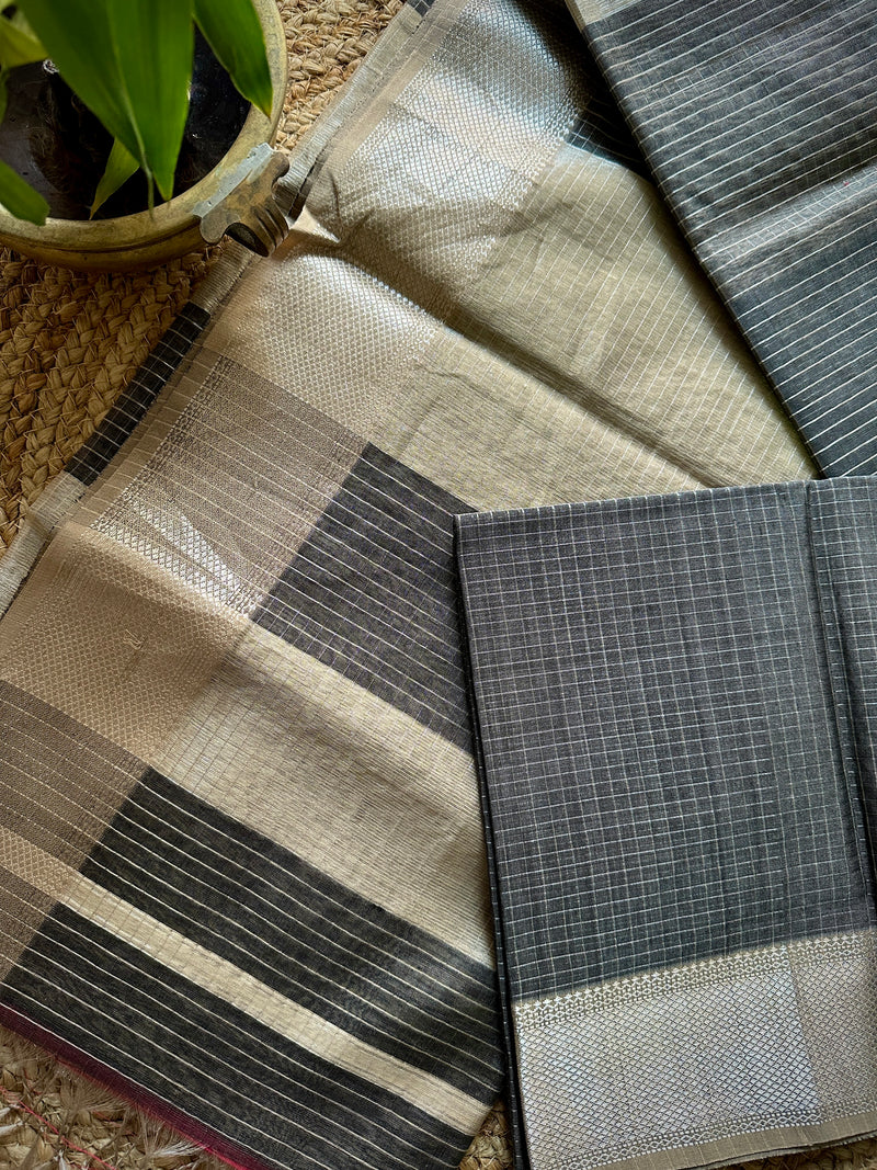 Maheshwari Black ~ Silver Zari Checkered Silk Saree
