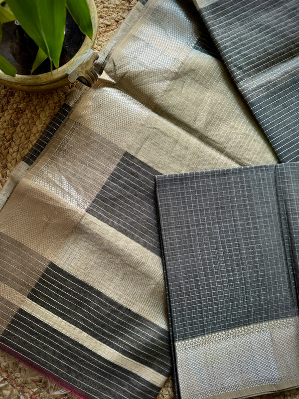 Maheshwari Black ~ Silver Zari Checkered Silk Saree