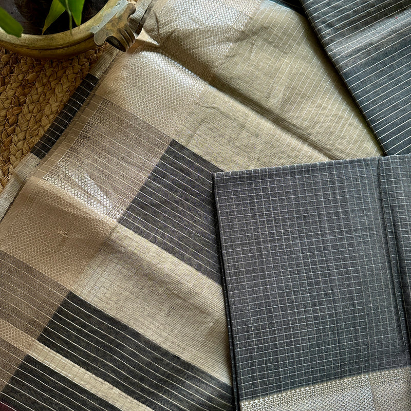 Maheshwari Black ~ Silver Zari Checkered Silk Saree