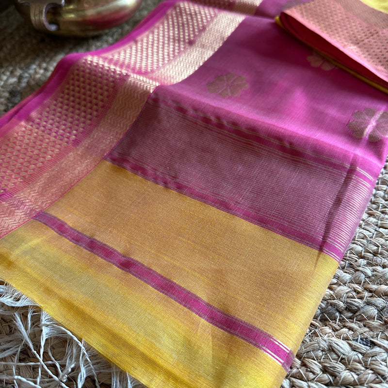 Yellow Pink Flower Motifs ~ Maheshwari Saree