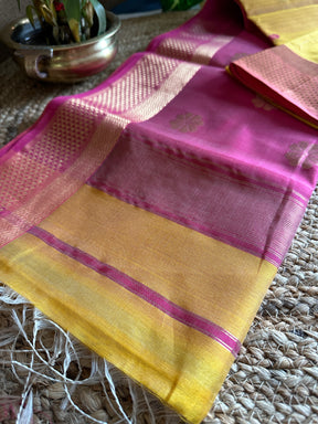 Yellow Pink Flower Motifs ~ Maheshwari Saree