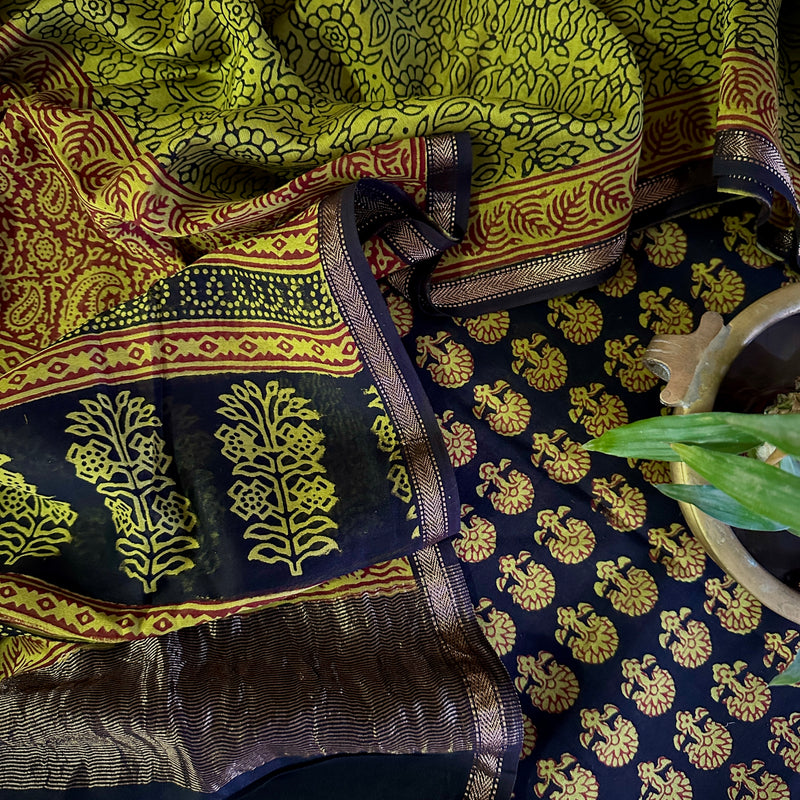 Maheshwari Black Green Bagh Print Suit