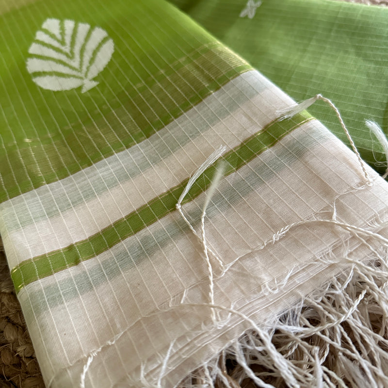 Maheshwari Parrot Green-White Katan Motifs Top Dupatta Sets KBS02