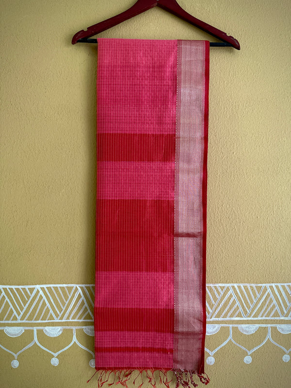 Maheshwari Pink ~ Silver Zari Checkered Silk Saree