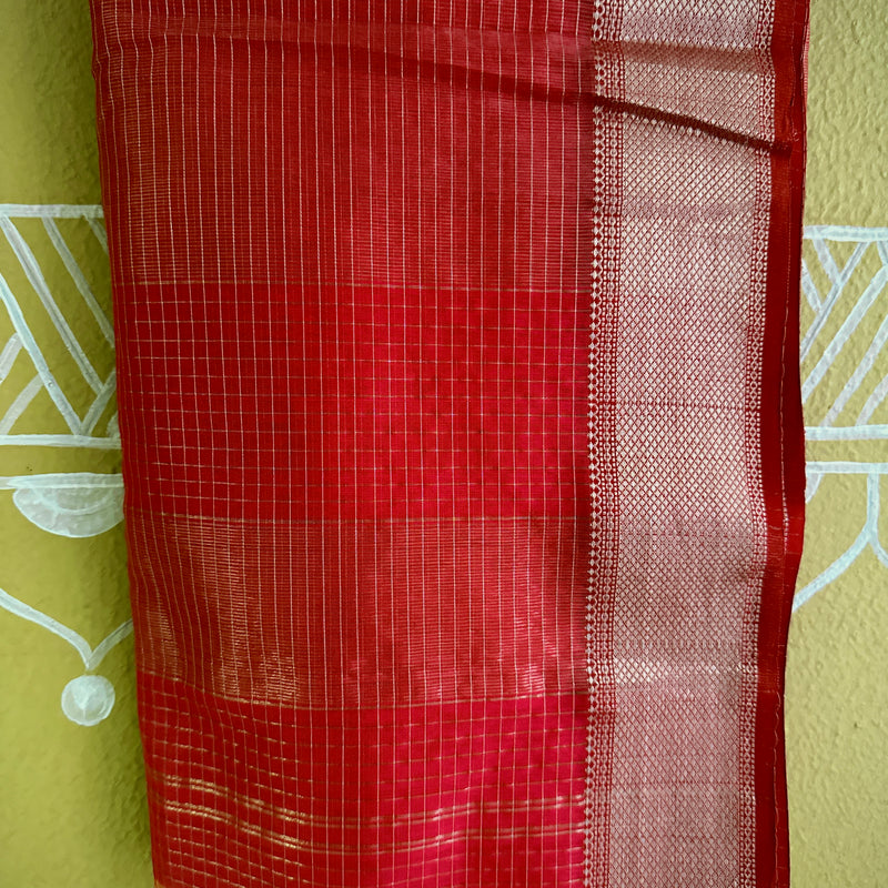 Maheshwari Rani Pink ~ Silver Zari Checkered Silk Saree
