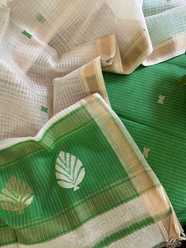 Maheshwari Green- White Katan Motifs Top Dupatta Sets KBS07